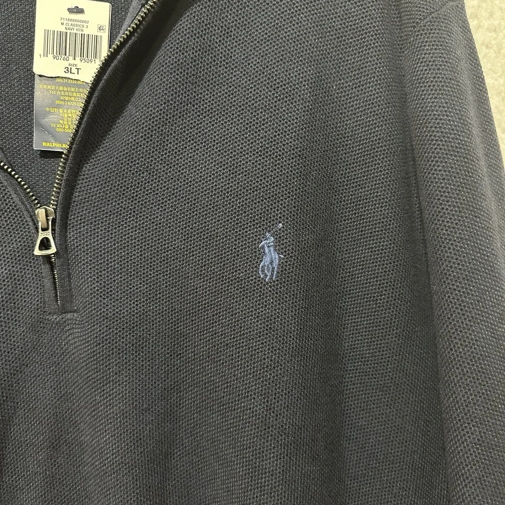 Polo Ralph Lauren Mock Neck Sweater 1/4 ZIP 100%‎ Cotton Navy Size 3LT